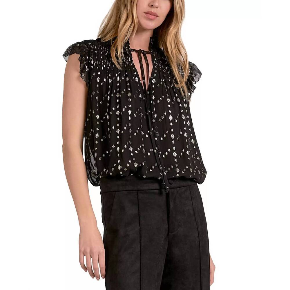 NEW ELAN metallic clip dot top in black geo print